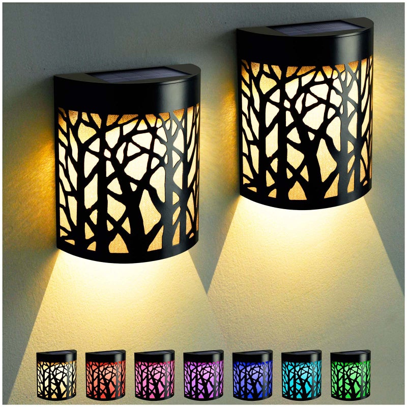 DenicMic Solar Wall Lights Outdoor Wall Sconce Fence Lighting for Patio Front Door Yard Deck Stair Led Forest Decorative Lamps, Waterproof, Warm White/Color Changing (2 Pack) - Image 1
